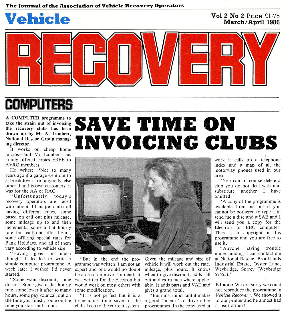 Association of Vehicle Recovery Operators AVRO news from 1986 dealing with Control Room Technology